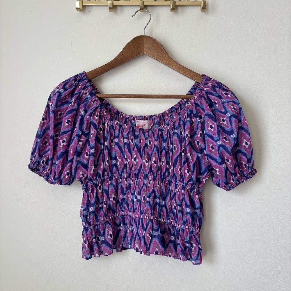 Banjanan Purple Smocked Puff Sleeve Crop Top XS Anthropologie